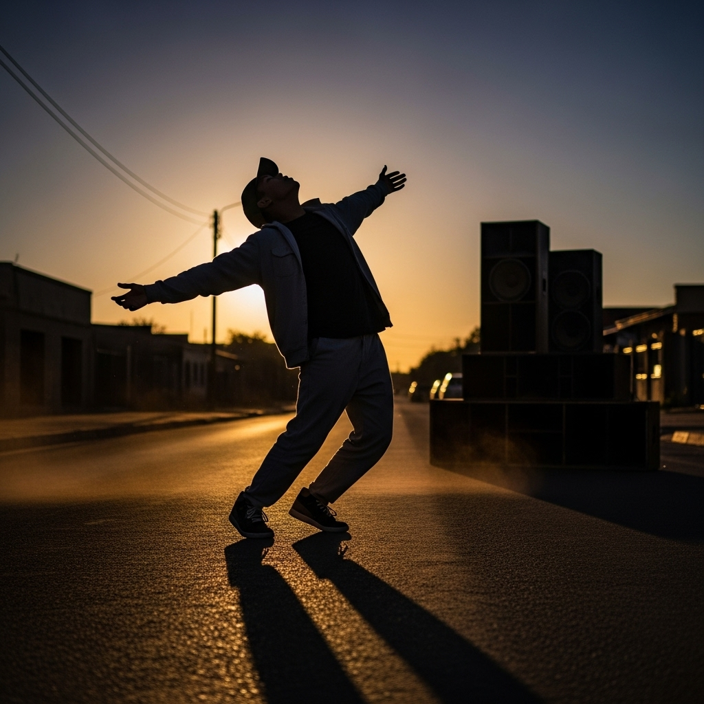 Faceless dancer moving before the beat drops, surrounded by dusk light and echoing rhythm — a visual echo of Yingisa’s presence.